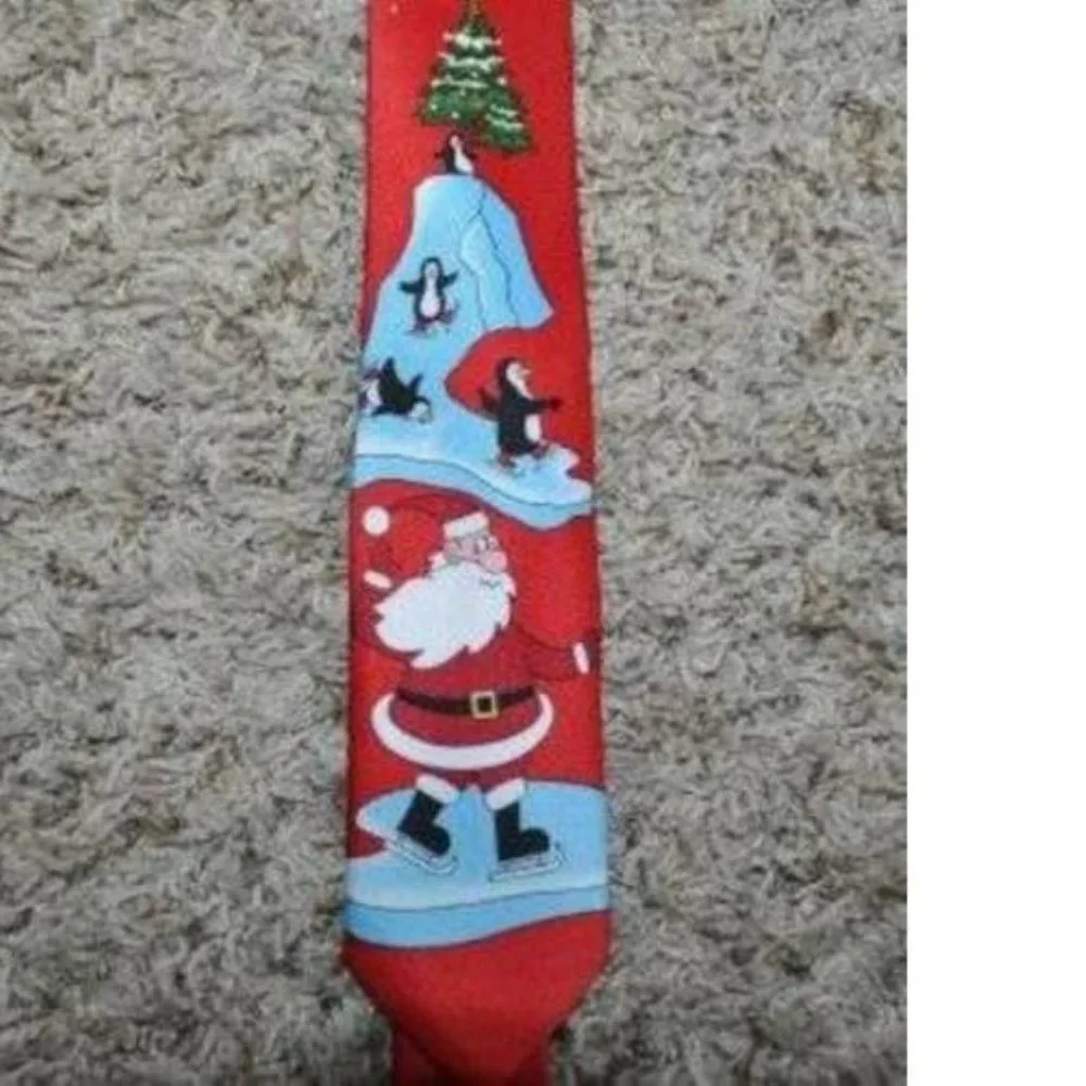 Christmas Necktie Red Santa & Penguin HoHoHo Polyester Lined 47